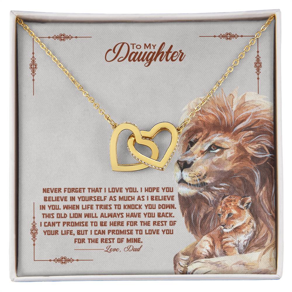 A To My Beautiful Daughter, I Promise To Love You For The Rest Of My Life - Interlocking Hearts Necklace adorned with cubic zirconia crystals, presented on a card with a sentimental message from ShineOn Fulfillment, featuring an illustration of a lion and cub.