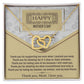 The Mother's Day-Thank You - Interlocking Hearts Necklace features sparkling cubic zirconia crystals in a gold design, displayed in a gift box with a “Happy Mother’s Day” background and a loving thank-you message for Mom.