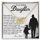 The Daughter-Smile More - Interlocking Hearts Necklace, finished in rose gold and adorned with cubic zirconia crystals, is displayed on a card with a heartfelt message for a daughter from her father, featuring a silhouette of a man and girl holding hands as they walk together.
