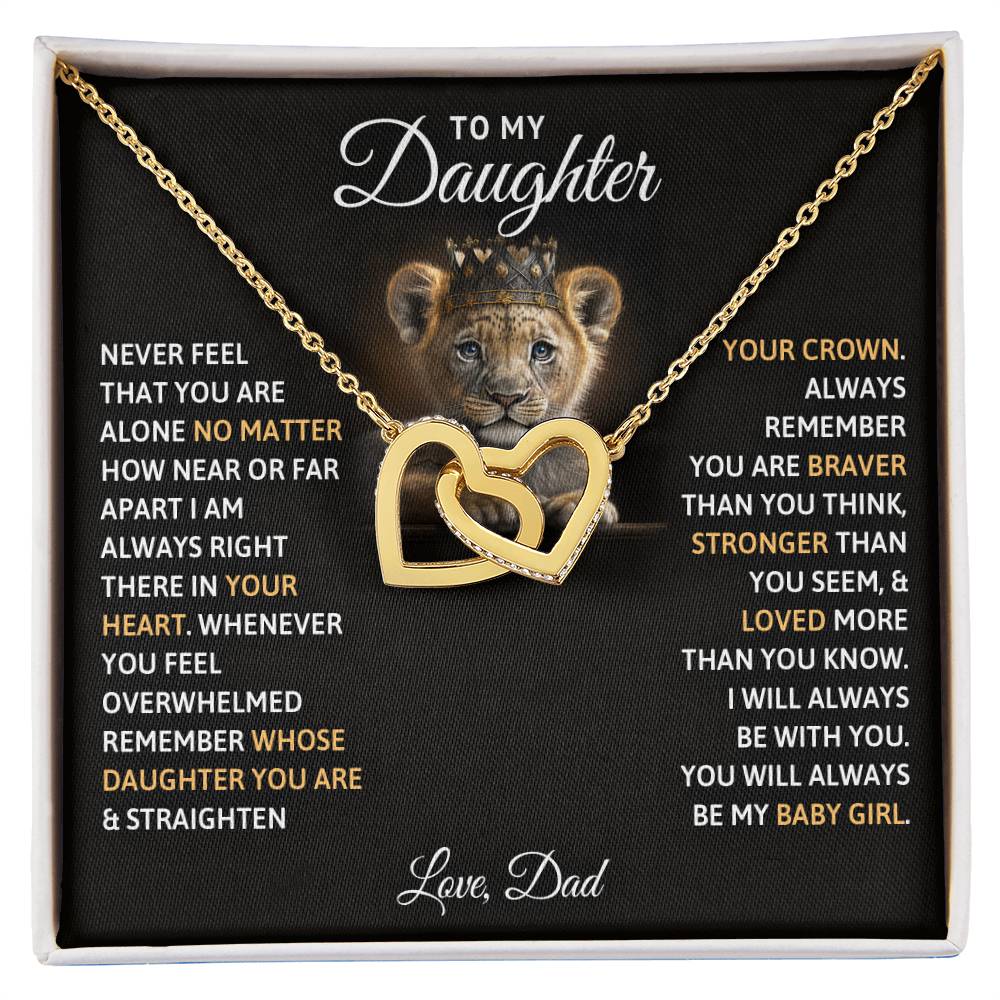 A pendant featuring a lion cub and interlocking hearts design on a necklace, with an inspirational message from ShineOn Fulfillment to his daughter on the To My Daughter, You Will Always Be My Baby Girls - Interlocking Hearts Necklace.