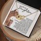 The Daughter-Never Alone - Interlocking Hearts Necklace, featuring a lustrous rose gold finish, is elegantly displayed in a gift box with a "To My Daughter" message and a mother-baby lion drawing, symbolizing love and encouragement.