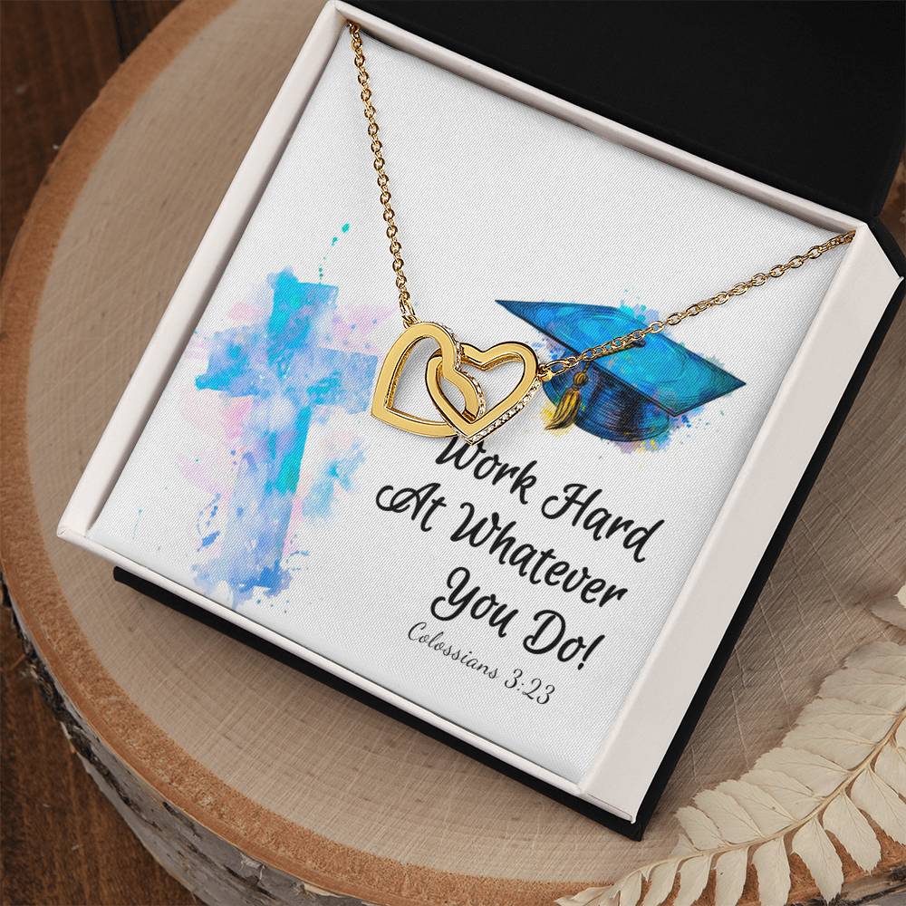 A Work Hard - Interlocking Hearts necklace by ShineOn Fulfillment in a gift box featuring an inspirational message and a watercolor design.
