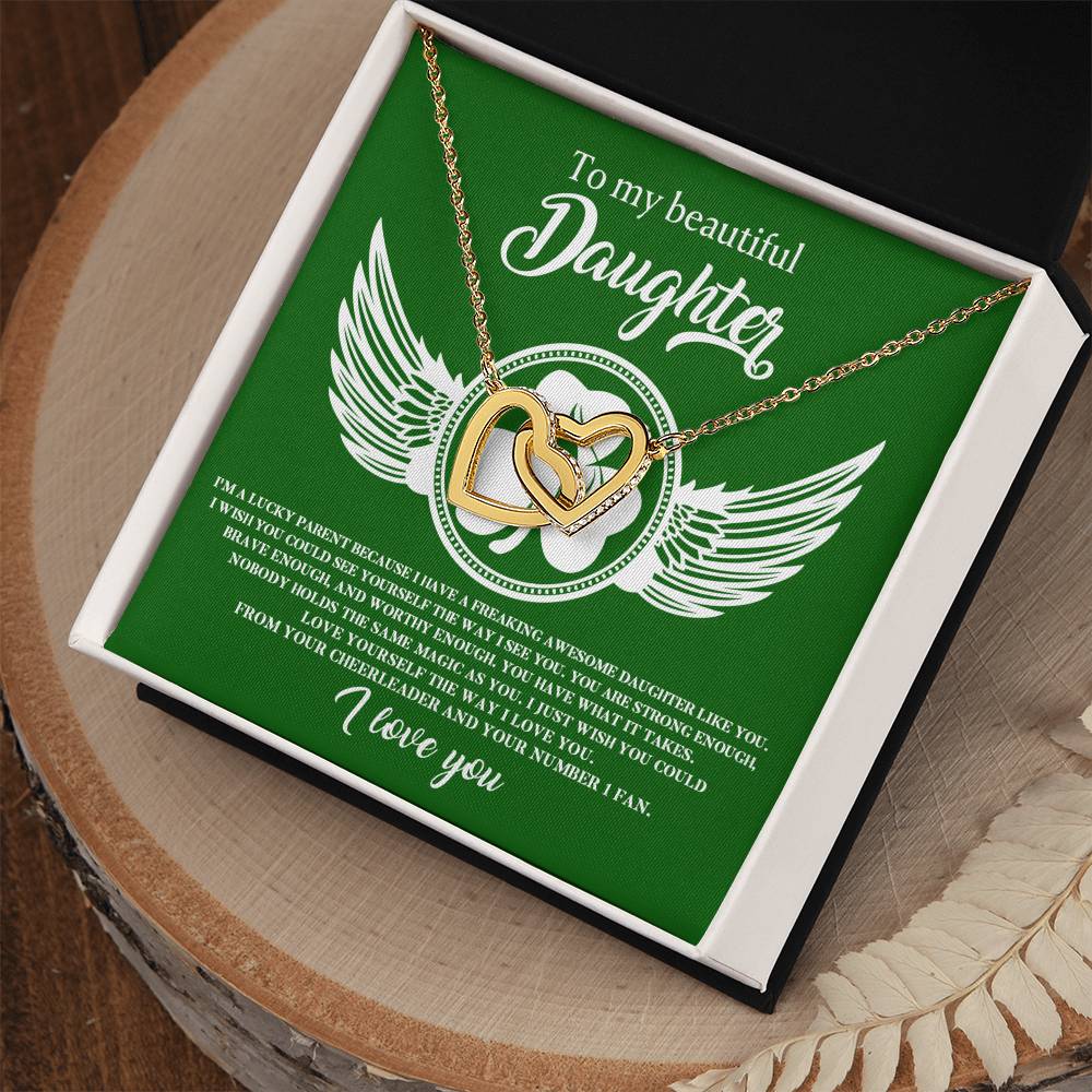A gift box with a ShineOn Fulfillment To My Daughter, Lucky Parent - Interlocking Hearts Necklace and wings.