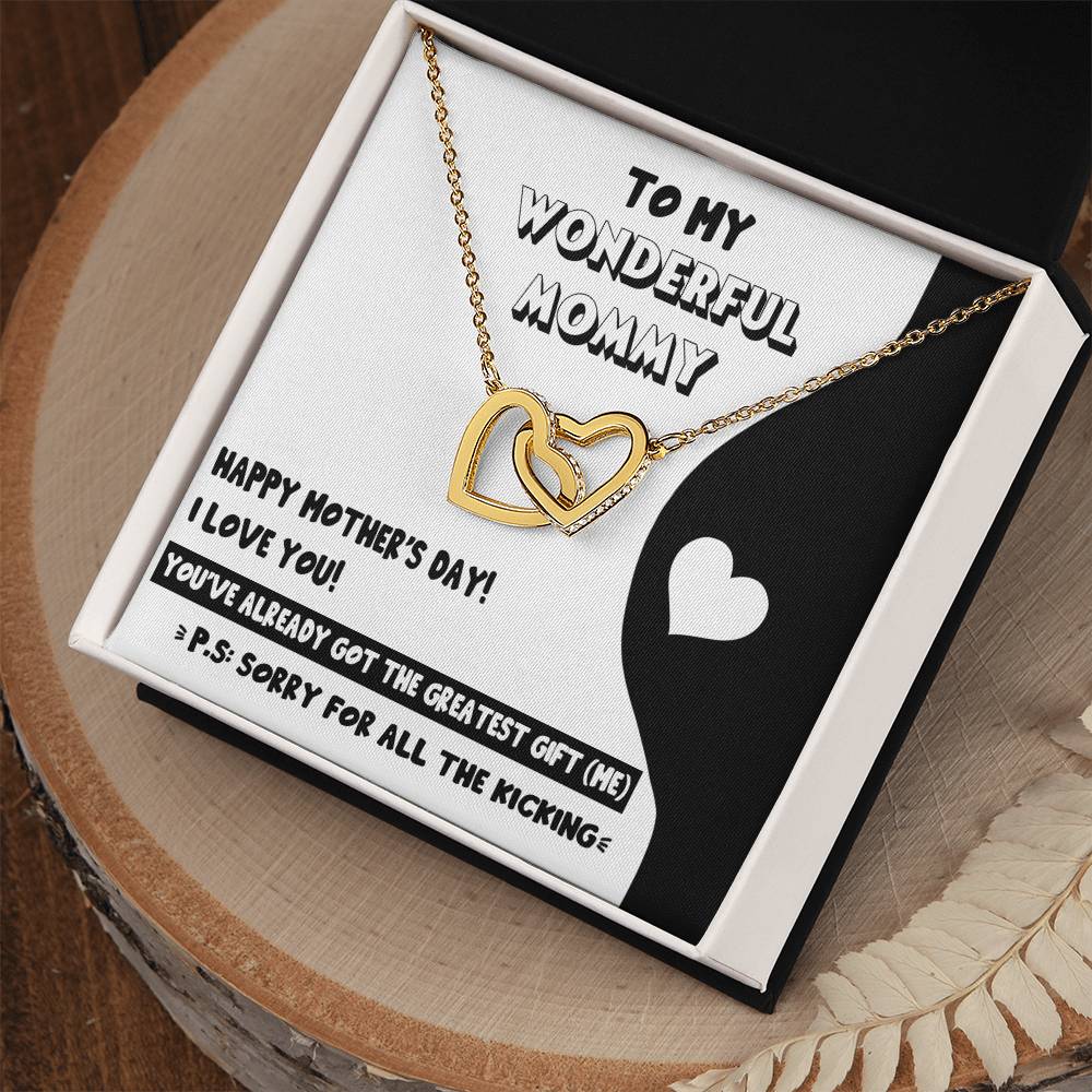 A To Mom To Be, The Greatest Gift - Interlocking Hearts Necklace by ShineOn Fulfillment, featuring interlocking hearts with cubic zirconia crystals, presented in a gift box that contains a sentimental Mother's Day message from a child to their mom.