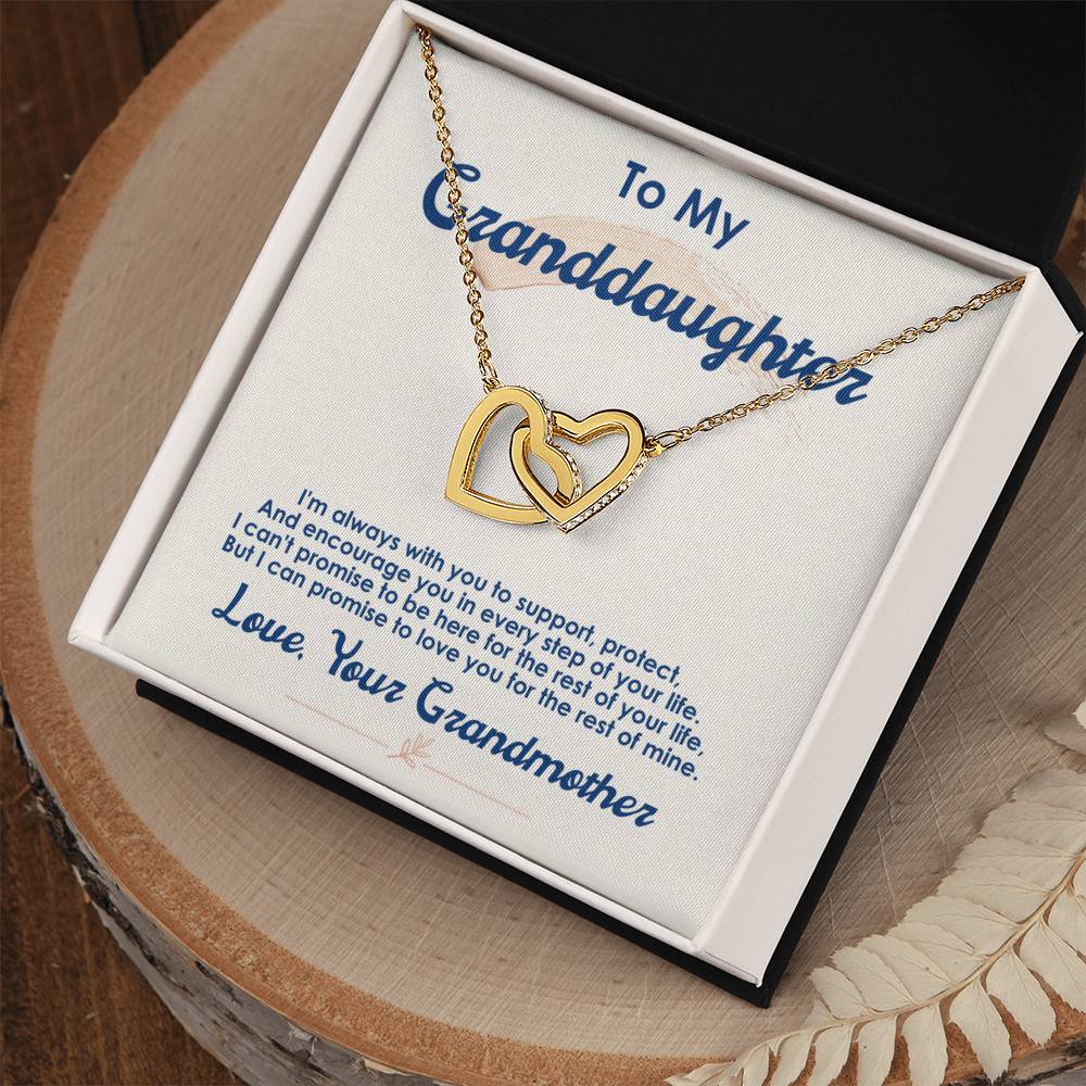 A "To My Granddaughter, I Love You For The Rest Of My Life" Interlocking Hearts Necklace in a gift box, featuring a message to a granddaughter from a grandmother.