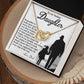 The Daughter-Smile More Interlocking Hearts Necklace, with a rose gold finish, is elegantly showcased on a card featuring the silhouette of a man and girl holding hands, along with an inspirational message from father to daughter, symbolizing love, support, and encouragement.
