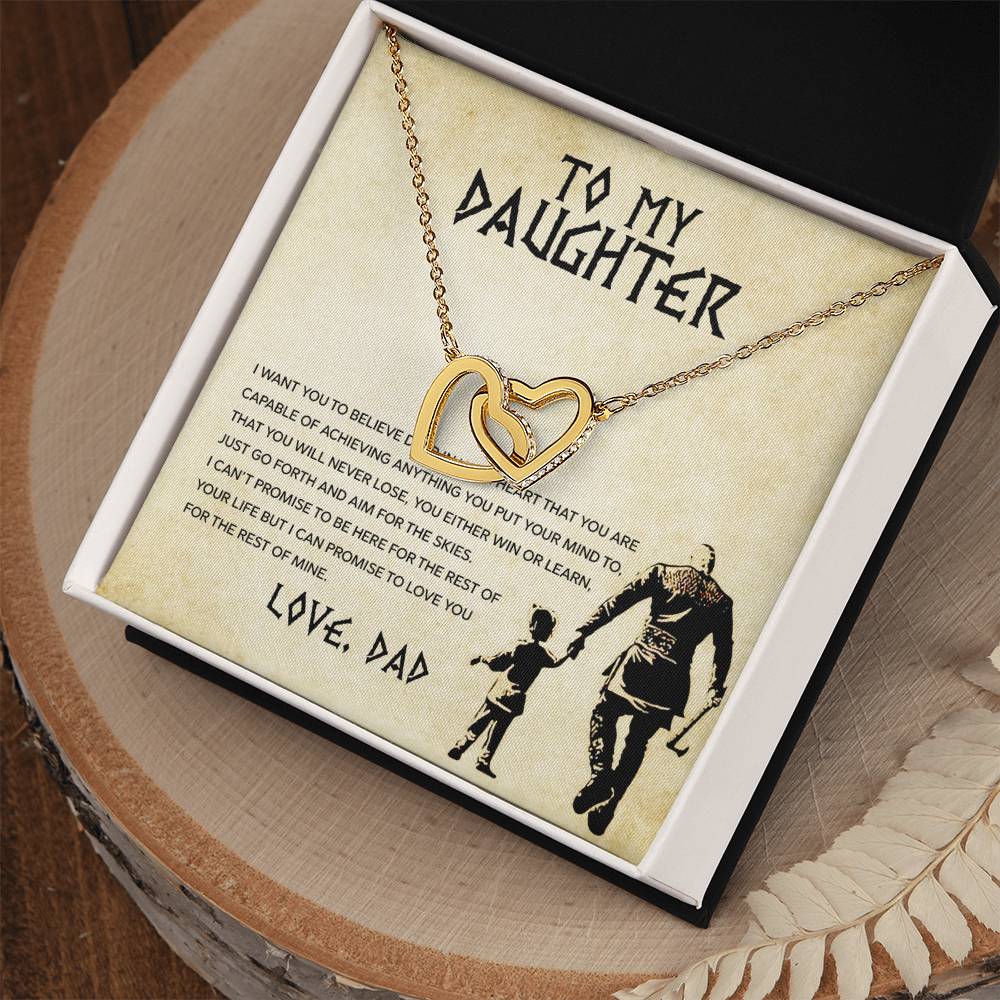 A ShineOn Fulfillment necklace with a "To My Daughter, You Will Never Lose" Interlocking Hearts pendant adorned with cubic zirconia crystals inside a gift box featuring an affectionate message from a parent to their daughter.
