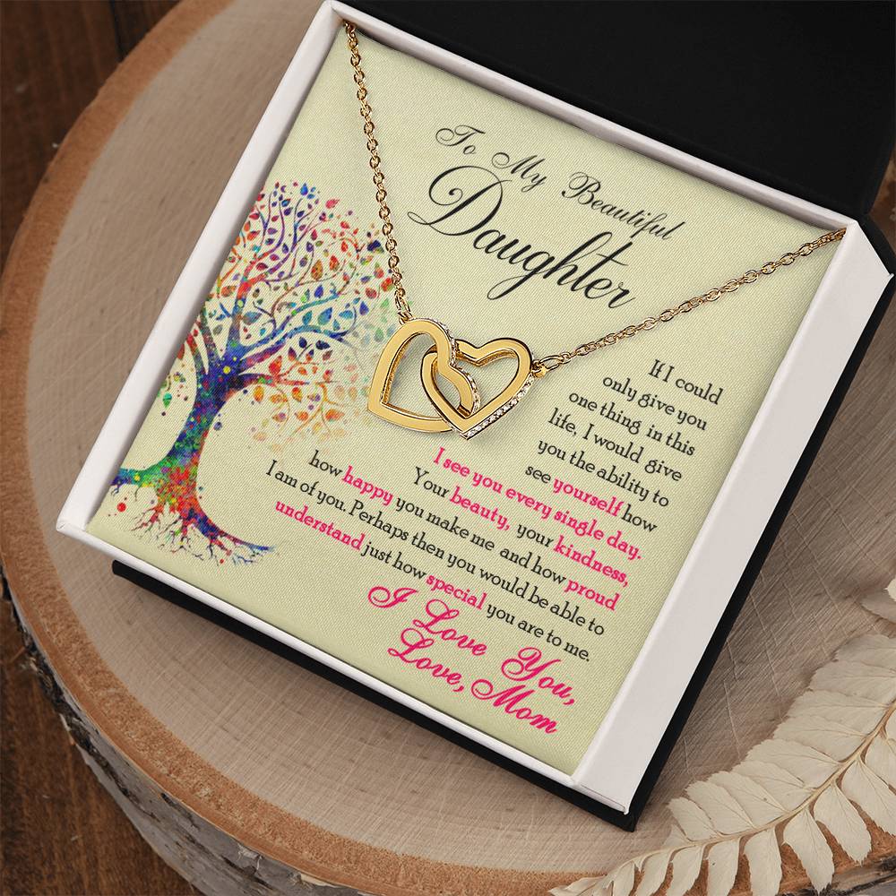 Jewelry gift box with ShineOn Fulfillment's "To My Beautiful Daughter, You Are Special To Me - Interlocking Hearts Necklace" and a sentimental note to a daughter from a mother.