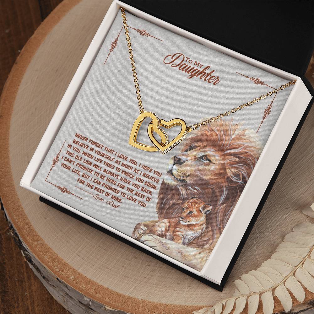 A To My Beautiful Daughter, I Promise To Love You For The Rest Of My Life - Interlocking Hearts Necklace with cubic zirconia crystals in a gift box with a printed message and lion graphic by ShineOn Fulfillment.