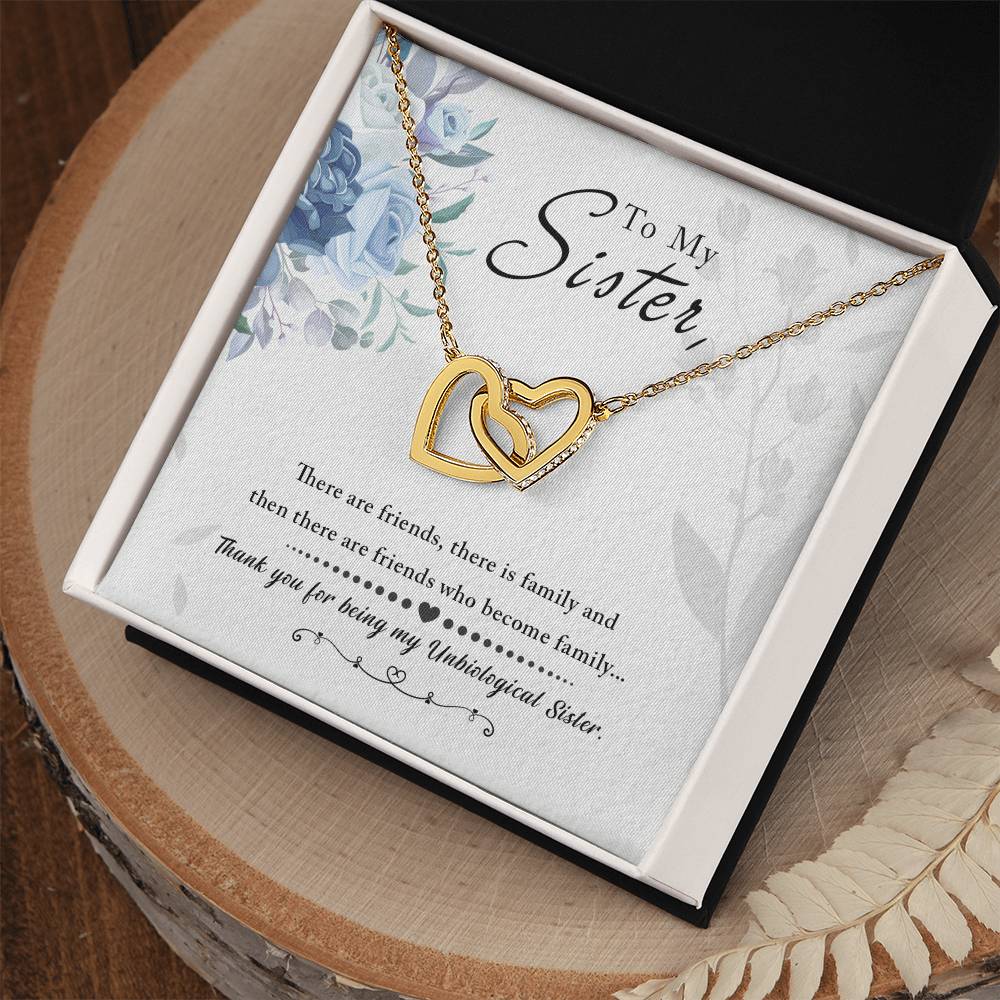 A ShineOn Fulfillment gift box with a "To My Sister, Thank You For Everything" Interlocking Hearts Necklace adorned with cubic zirconia crystals and a message that celebrates a close bond.