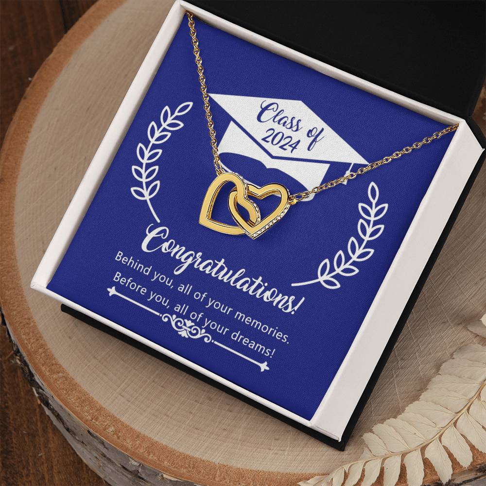 A graduation-themed Before You All Your Dreams - Interlocking Hearts Necklace gift displayed in a box with a congratulatory message for the class of 2024 from ShineOn Fulfillment.