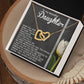 The Daughter-Heart Love - Interlocking Hearts Necklace featuring a rose gold finish is elegantly presented in a black box. An emotional message on the background expresses love, urging the daughter to see herself through her giver's eyes. A white rose adorns the scene beside the box.
