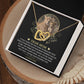 The "To Mom, My Everything - Interlocking Hearts Necklace" features sparkling cubic zirconia crystals and comes in a gift box with a heartfelt message and an image of a lioness and her cub, expressing love and appreciation.