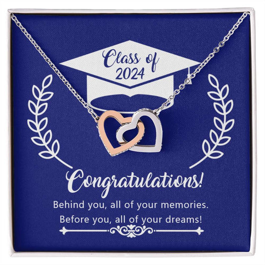 Graduation-themed Before You All Your Dreams - Interlocking Hearts Necklace with an inspirational message for the class of 2024 by ShineOn Fulfillment.
