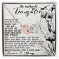 The Daughter-Heart Near Interlocking Hearts Necklace showcases silver and rose gold heart pendants with sparkling cubic zirconia crystals. It comes on a floral-illustrated card conveying a heartfelt message of love and encouragement to a cherished daughter.