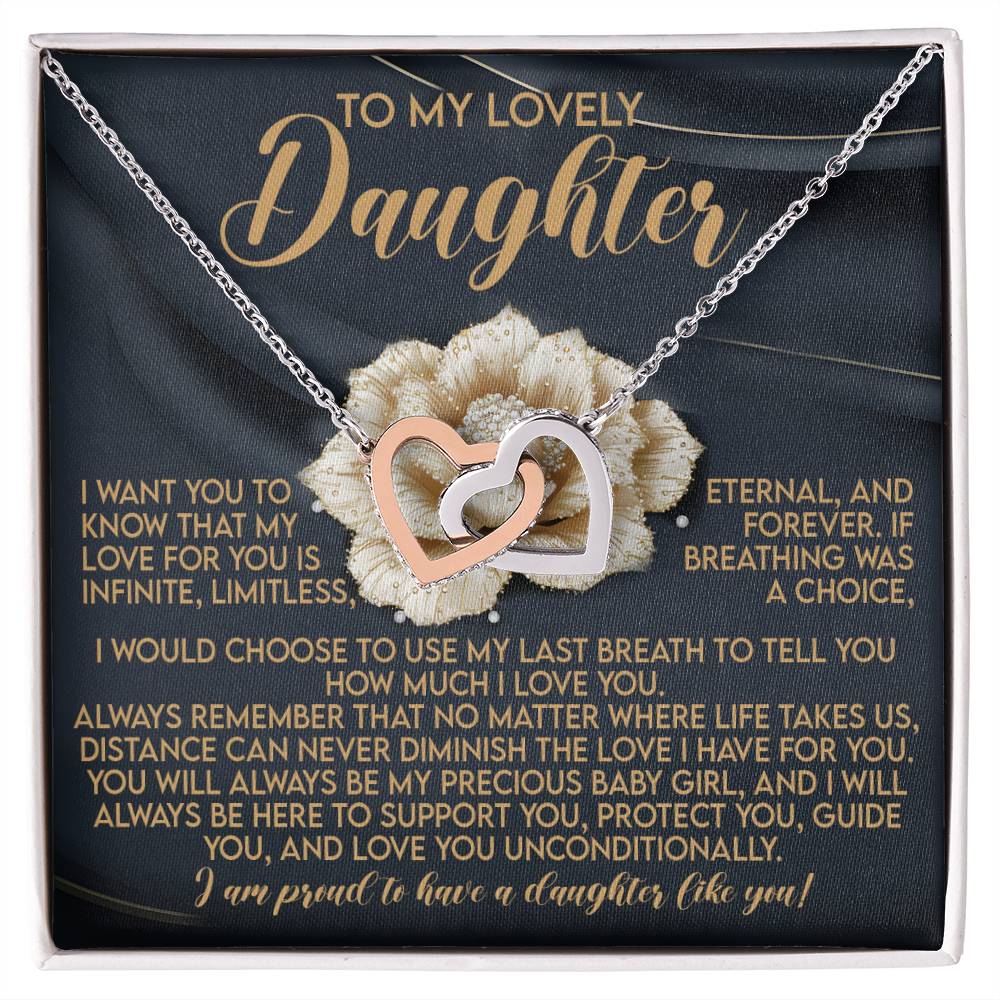 The Daughter-Infinite Love - Interlocking Hearts Necklace features a rose gold finish and cubic zirconia crystals, beautifully displayed over a heartfelt message for a daughter, symbolizing eternal love and support against a delicate flower background.