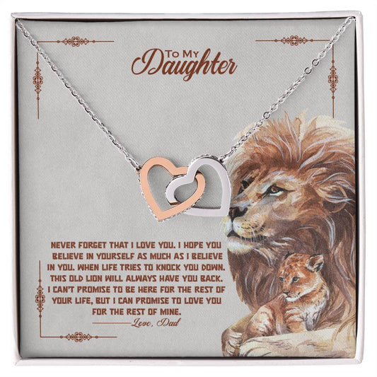 A ShineOn Fulfillment Interlocking Hearts necklace presented on a card with a message from a father to his daughter featuring a lion and cub illustration.