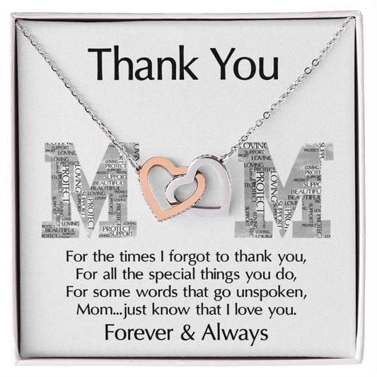 To Mom, Thank You - Interlocking Hearts Necklace on a gift box with a "thank you" message for mom.