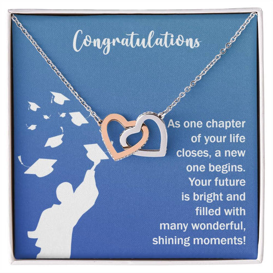 Future Is Bright - Interlocking Hearts necklace with CZ crystals and heart-shaped pendants, presented in a box with a congratulatory message for an anniversary gift.