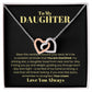 This "To My Daughter" necklace box, featuring an Interlocking Hearts Necklace with sparkling cubic zirconia crystals, includes a heartfelt message about everlasting love and guidance, making it a sentimental gift she'll cherish forever.
