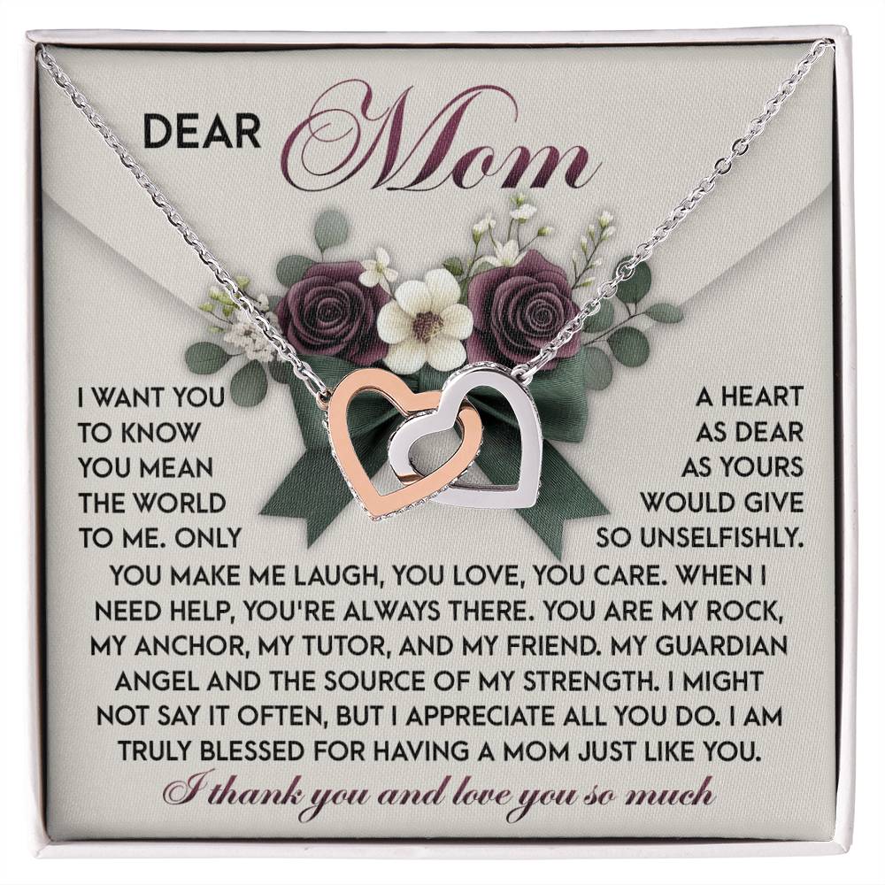 The "Mom-Guardian Angel - Interlocking Hearts Necklace" features a surgical steel necklace with cubic zirconia crystals on a decorative card. The card begins with "Dear Mom," expressing love, gratitude, and appreciation for her support and selflessness.
