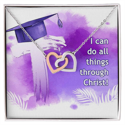 A square pendant with a graduation cap illustration and the inscription "i can do all things through christ!" displayed on a watercolor background, perfect as an Anniversary gift. - I can do all things through Christ - Interlocking Hearts Necklace by ShineOn Fulfillment