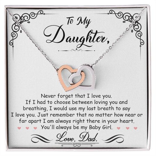 To My Daughter, I_m Always Right Here In Your Heart - Interlocking Hearts Necklace by ShineOn Fulfillment with cubic zirconia crystals in a gift box featuring a sentimental message from a father to a daughter.