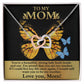 The "[Almost Sold Out] To Mom, Strong Lady - Interlocking Hearts Necklace," adorned with cubic zirconia crystals, is beautifully presented on a card with a butterfly design and heartfelt message, expressing love and admiration for a cherished mother.