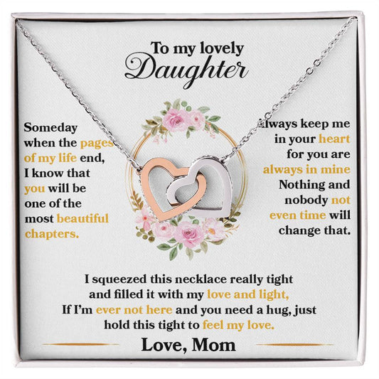 A To My Lovely Daughter, Hold This Tight To Feel My Love - Interlocking Hearts Necklace from ShineOn Fulfillment displayed on a card with a heartfelt message from a mother to her daughter.