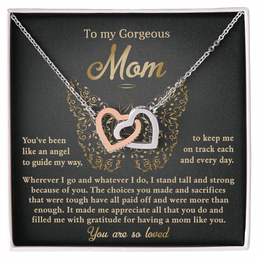 A To Mom, Like An Angel - Interlocking Hearts Necklace in a gift box, featuring a heartfelt message for a mother, thanking her for guidance and sacrifices.