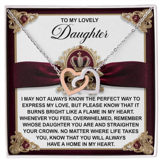 The Daughter-A Flame - Interlocking Hearts Necklace, adorned with shimmering cubic zirconia crystals, is showcased on a gift card that beautifully expresses love for a daughter.