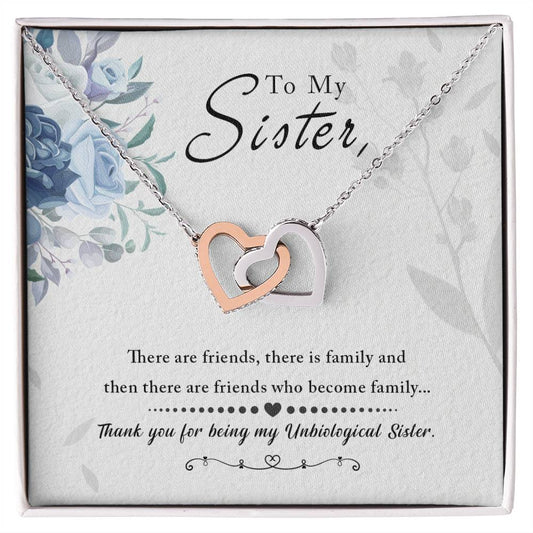 A ShineOn Fulfillment To My Sister, Thank You For Everything - Interlocking Hearts Necklace is displayed on a card with a message dedicated to a sister by choice.
