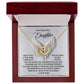The Daughter-An Angel - Interlocking Hearts Necklace features cubic zirconia crystals on surgical steel with a rose gold finish, presented in a red box. Its inner lid holds a heartfelt message for a daughter, surrounded by delicate wing illustrations.