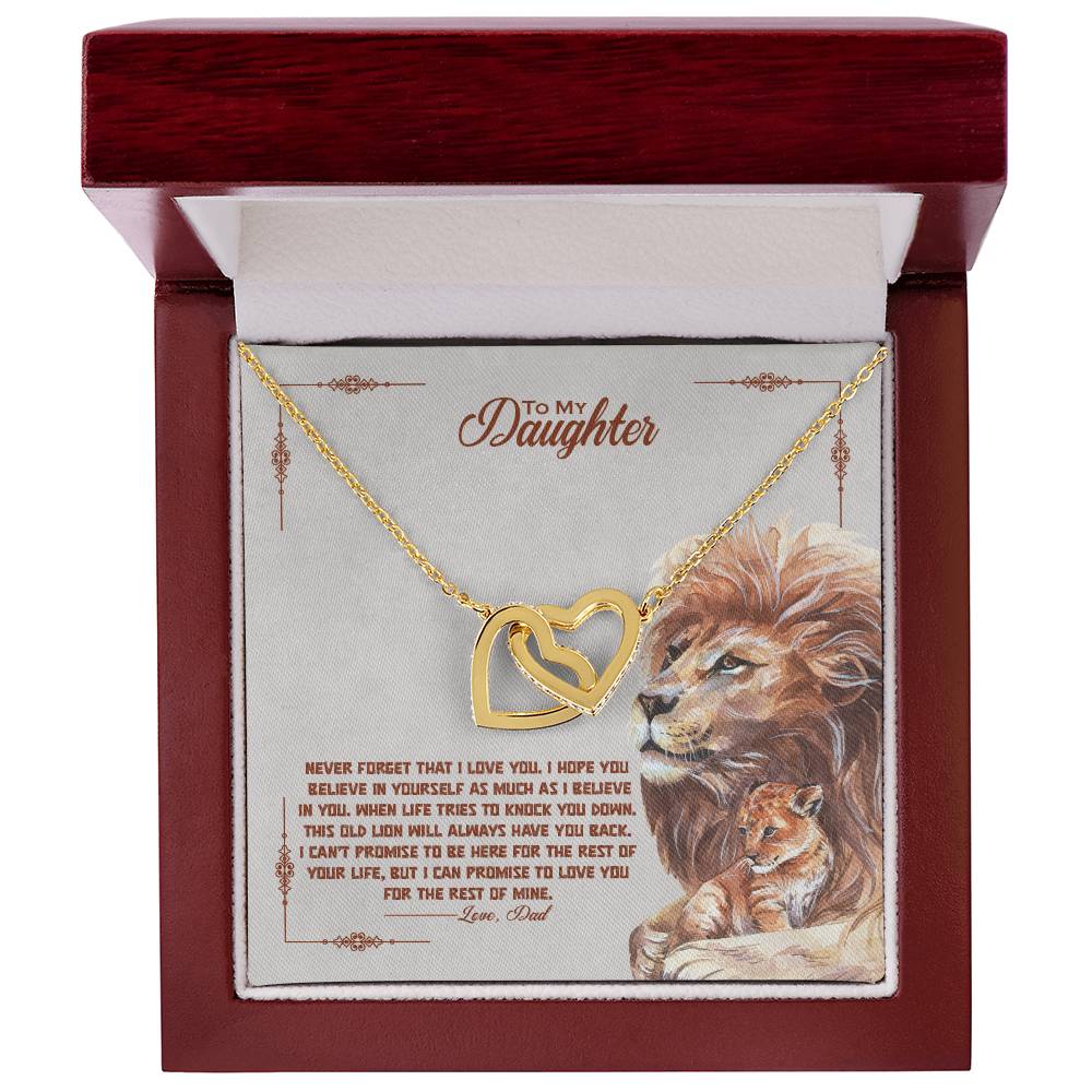 A "To My Beautiful Daughter, I Promise To Love You For The Rest Of My Life - Interlocking Hearts Necklace" from ShineOn Fulfillment, with interlocking hearts and a heart-shaped pendant in a gift box with a sentimental message for a daughter and an illustration of a lion.