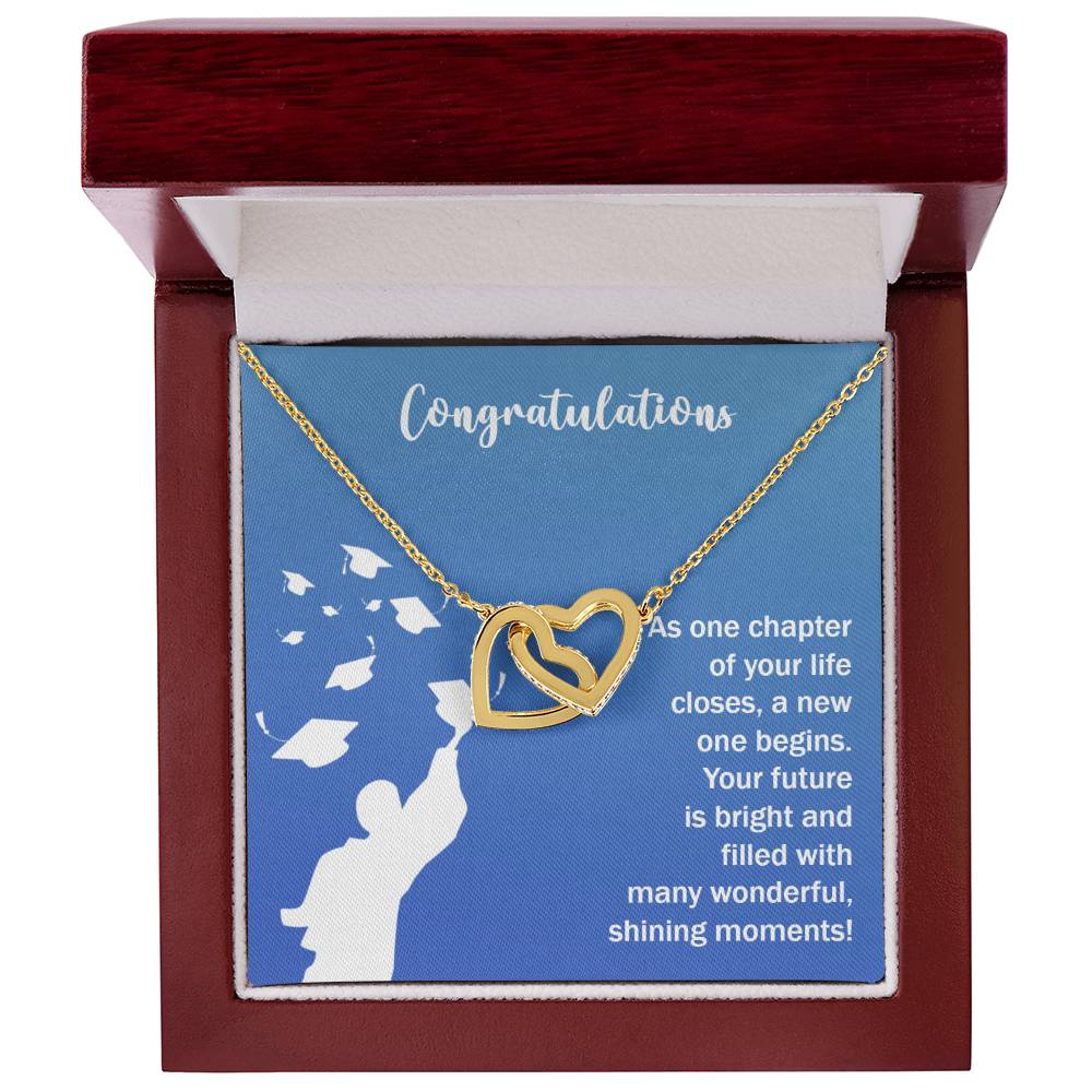 Future Is Bright - Interlocking Hearts Necklace with "congratulations" message, presented in a gift box by ShineOn Fulfillment.