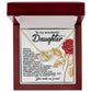 The Daughter-Journey Challenges Interlocking Hearts Necklace, in rose gold and housed in a wooden box featuring a red rose illustration and an inspirational message, encourages daughters to overcome challenges and pursue dreams, symbolizing unwavering support.