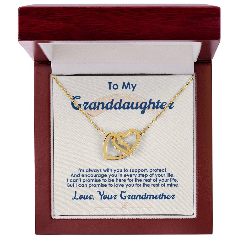 A ShineOn Fulfillment, To My Granddaughter, I Love You For The Rest Of My Life - Interlocking Hearts Necklace presented in a gift box with a sentimental message from a grandmother to her granddaughter.