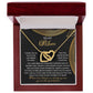 A Mom-Best Friend - Interlocking Hearts Necklace with a rose gold finish lies in an open red jewelry box. Decorated with cubic zirconia crystals, the lid carries a heartfelt message thanking a mother for her unwavering support and care.