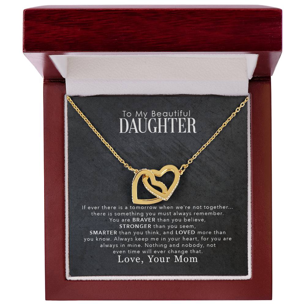 To My Beautiful Daughter, You Are Braver Than You Believe - Interlocking Hearts Necklace by ShineOn Fulfillment inside a gift box with a sentimental message from mother to daughter, designed as an anniversary gift.