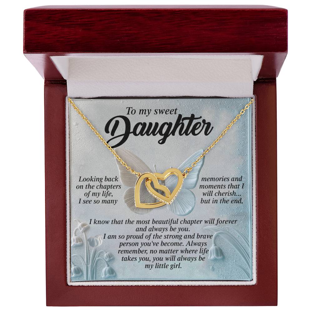 The jewelry box, inscribed "To my sweet Daughter," contains the "Daughter-Beautiful Chapter - Interlocking Hearts Necklace" in rose gold. Inside, a touching love and pride message is set against a floral background, making it a cherished keepsake.