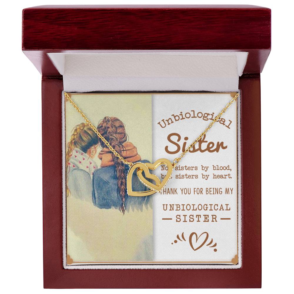 A To My Unbiological Sister, Sisters By Heart - Interlocking Hearts Necklace in a gift box with a message for an 'unbiological sister' by ShineOn Fulfillment.