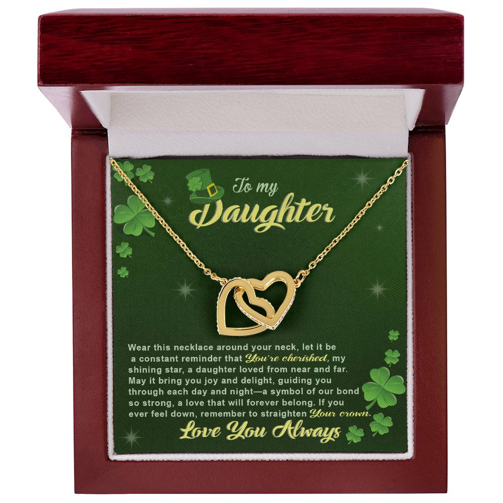 A To My Daughter-Near And Far - Interlocking Hearts Necklace, adorned with crystals and a shamrock on it from ShineOn Fulfillment.