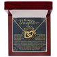 The Daughter-Reach Stars - Interlocking Hearts Necklace, adorned with cubic zirconia, is elegantly presented in a red wooden box. The message reads: "To my Daughter. Always reach for the stars ... but can promise to love you for the rest of mine.