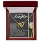 The Daughter-Heart Love - Interlocking Hearts Necklace, crafted with a rose gold finish and adorned with cubic zirconia crystals, is beautifully presented in a red jewelry box. The lid features "To my beautiful Daughter," a heartfelt message, and an image of a white tulip.