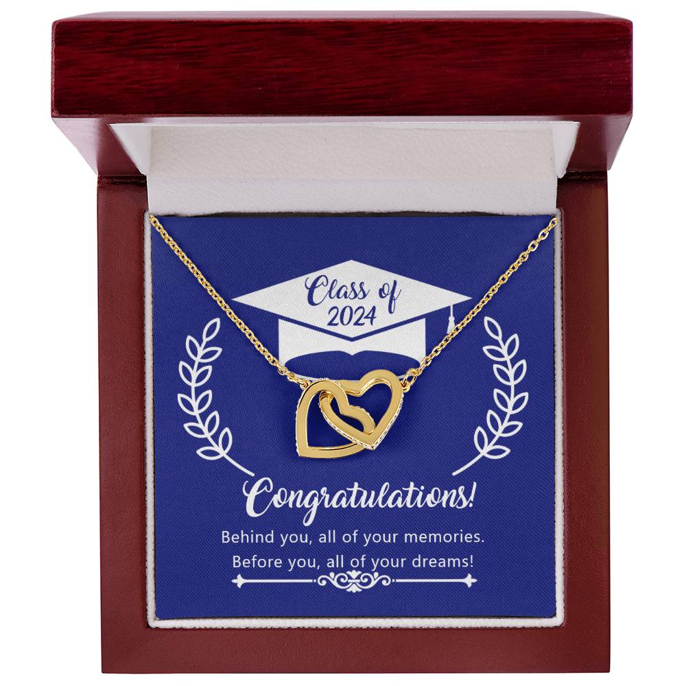 Graduation-themed jewelry gift box with a ShineOn Fulfillment Before You All Your Dreams - Interlocking Hearts Necklace and inspirational message for the class of 2024.