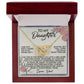 The Daughter-Eternal Home - Interlocking Hearts Necklace features cubic zirconia crystals and comes in a wooden box with a heartfelt father-to-daughter message surrounded by rose illustrations on the lid. A perfect gift for her.