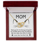 The Cat Mom-When I'm Mean Interlocking Hearts Necklace features a cat-themed design with cubic zirconia accents in a red jewelry box. The message says: "MOM. Thank you for the food, the catnip, and keeping my litter box clean. Love, Your Purrfect Cat.