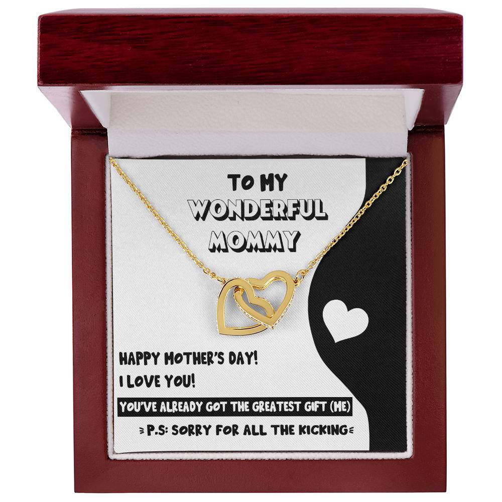 A "To Mom To Be, The Greatest Gift" interlocking hearts necklace featuring cubic zirconia crystals in a gift box with a sentimental mother's day message by ShineOn Fulfillment.