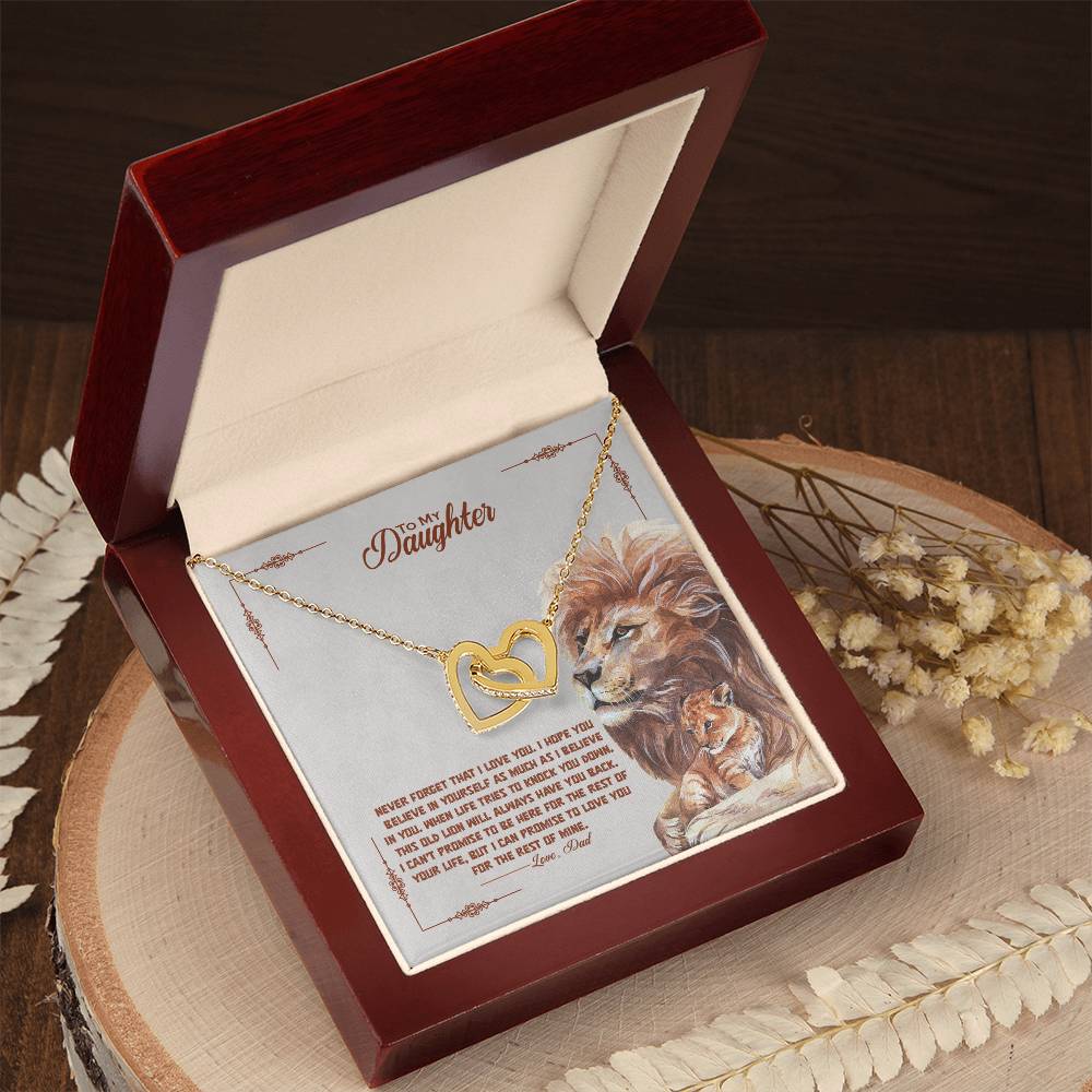 Heart-shaped pendant in a gift box with a lion and cub image, accompanied by an inspirational message for a daughter, featuring ShineOn Fulfillment's "To My Beautiful Daughter, I Promise To Love You For the Rest Of My Life" - Interlocking Hearts Necklace adorned with cubic zirconia crystals.