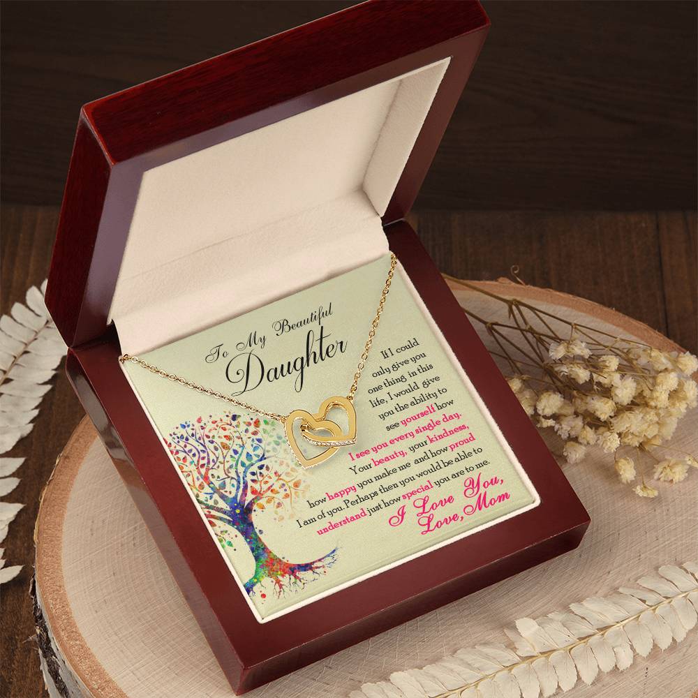 A ShineOn Fulfillment gift box featuring a "To My Beautiful Daughter, You Are Special To Me" interlocking hearts necklace with a sentimental message for a daughter from a mother.